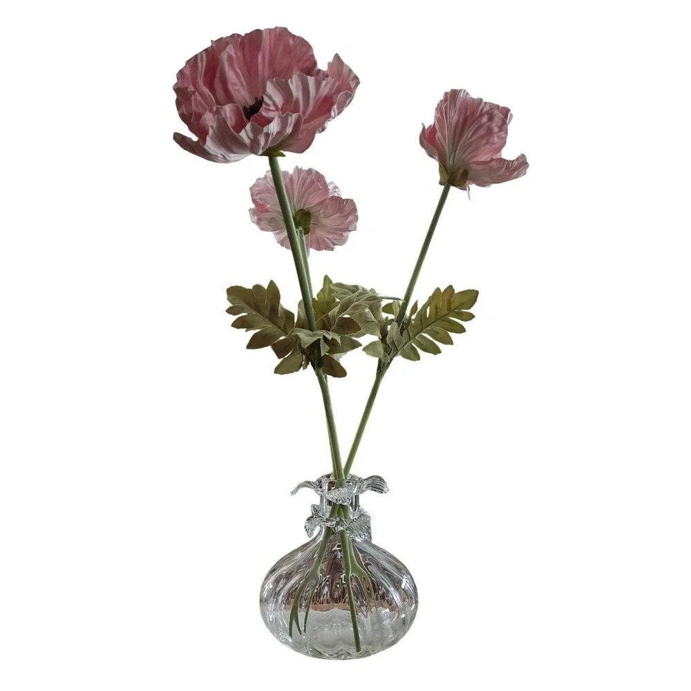 Clear Ribbed Glass Bud Vase with Ruffled Collar and Faux Pink Poppy Flowers